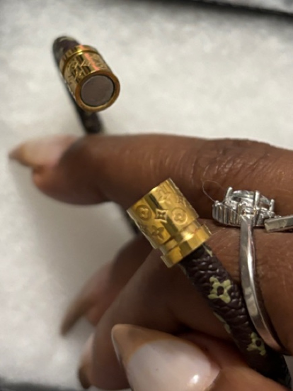 LV Brown Patterned Leather Bracelet with Gold Magnetic Clasp - Picture 4 of 4